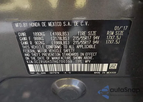 2017 Honda Hr-V Lx from USA, damaged, VIN 3CZRU6H37HG700399